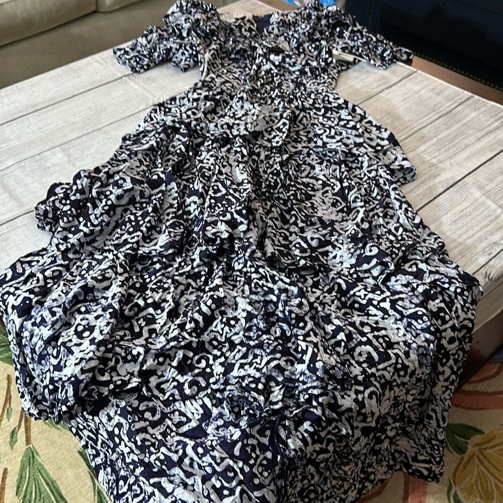 Purple Patterned High-Low Ruffle Dress - Picture 8 of 11